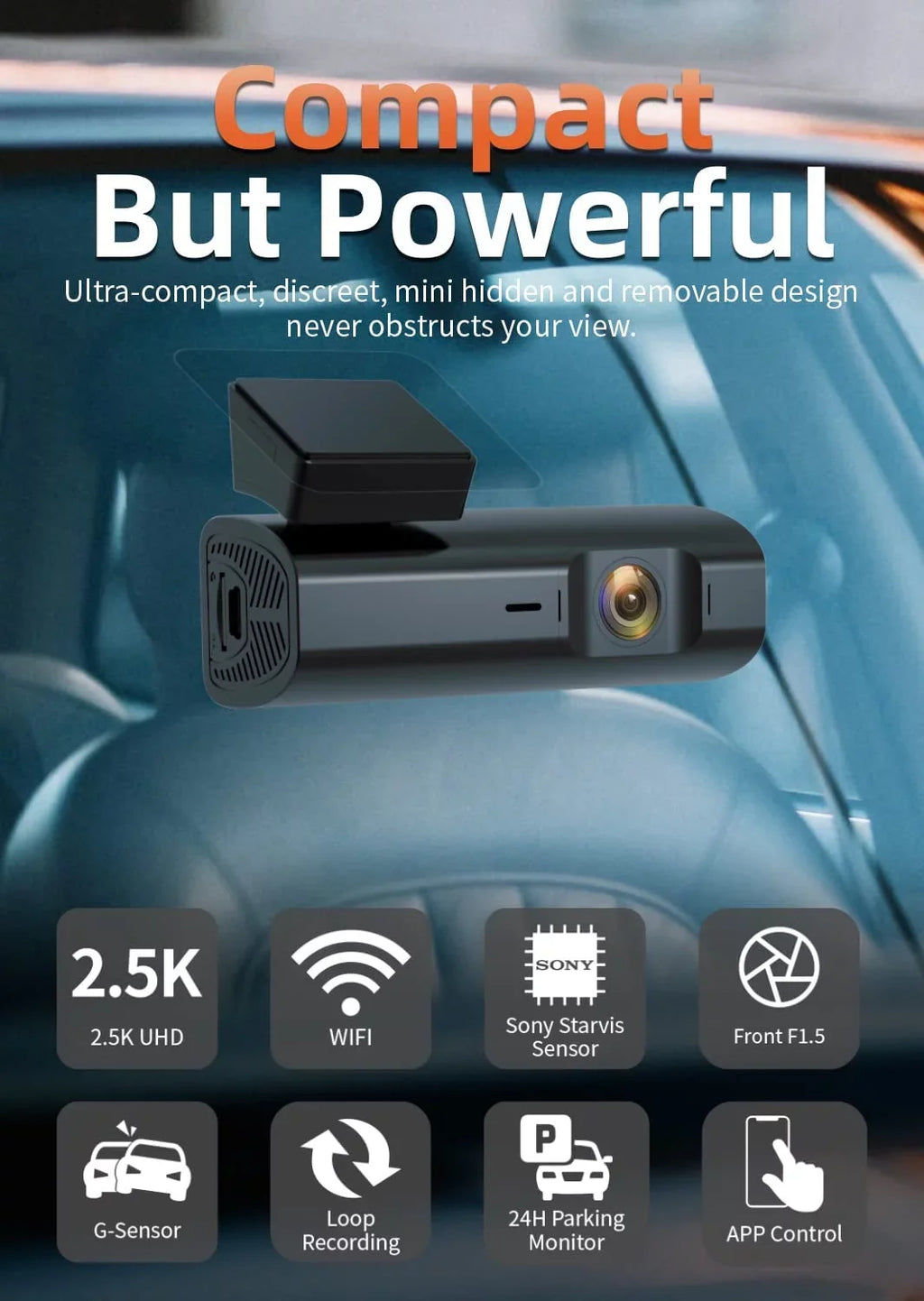 64GB Loop APP Dash Recording, WOLFBOX G-Sensor, Parking Full Monitor, Support Night Vision, Hours Dash HD Camera 2.5K Max with Cam, 24 Control, WiFi,