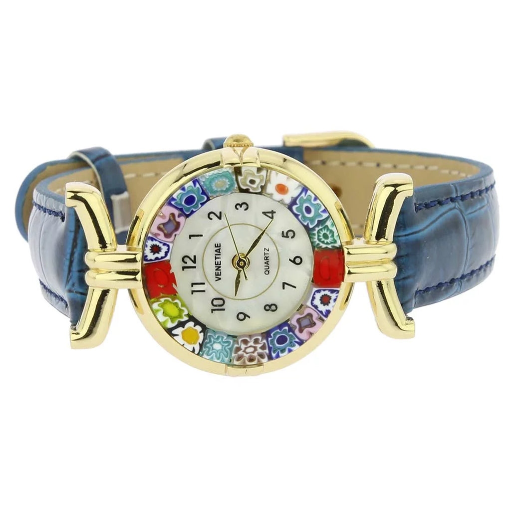 Multicolor Blue Leather - Glass Watch Millefiori Band Murano GlassOfVenice with