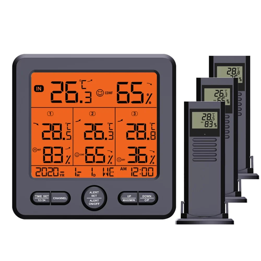 98ft/ Temperature Humidity with Monitor Wireless with & Thermohygrometer Remote exterior Transmitters Alarm Calibration climate Sensors for Indoor Offic Home Backlight Digital Stations 30m 3 3 Function