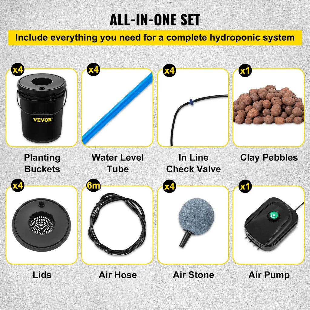 Leafy Vegetables with VEVOR Indicator DWC Kit, for Air Grow System Stone liquid 5-Gallon, Hydroponic 4-Bucket & Level Pump, Indoor/exterior
