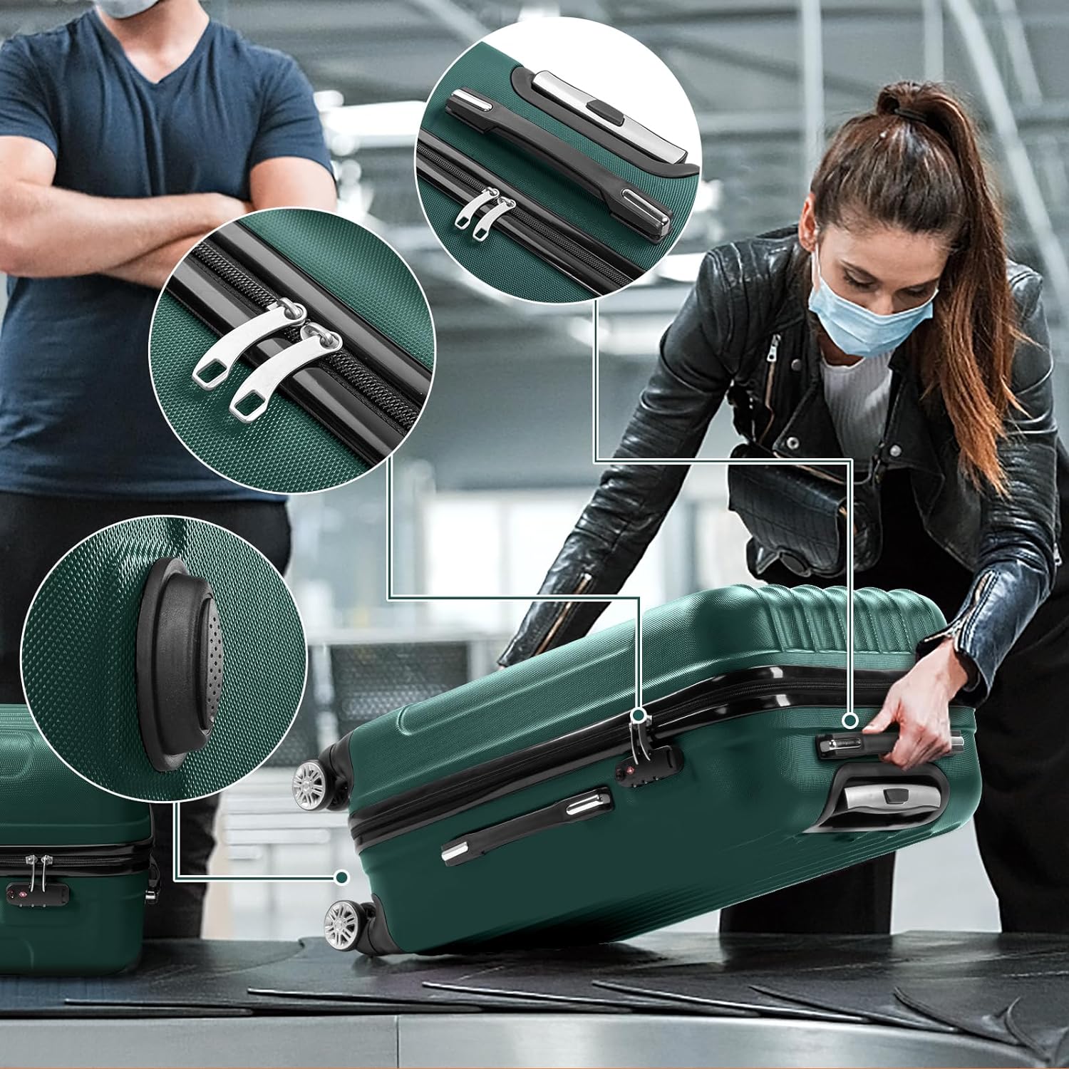 Hardside & Dark TSA lock, Lightweight Wheels ABS of 3 for Set Travel Spinner with (20/24/28) Carry Portable - on Sets Luggage Suitcase Green Business Luggages