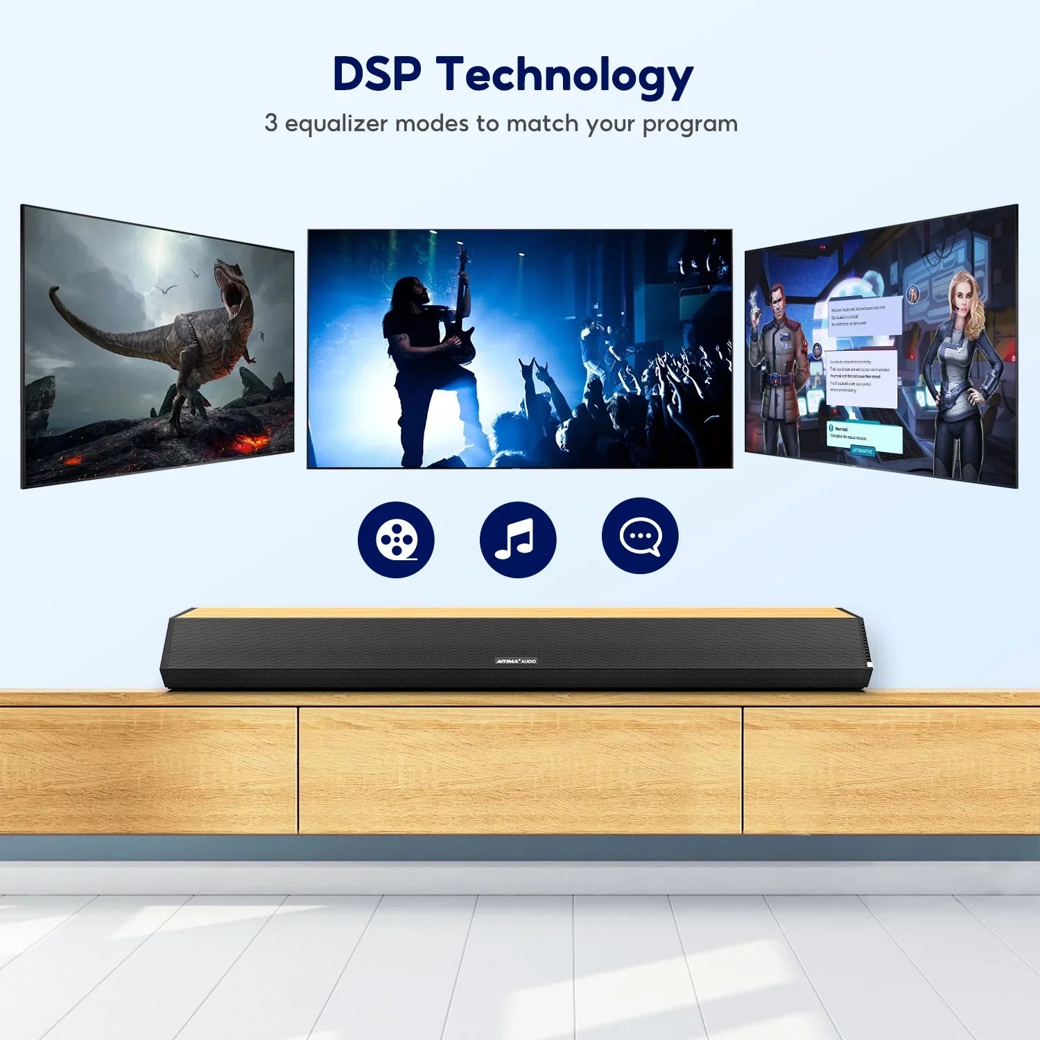 3 Bar 5.0, EQs, TV S03PRO System Bluetooth Theater Speakers, AUX for Audio with Soundbar Coaxial 110dB 60W Connection, 28-Inch Home HDMI-ARC, AIYIMA 4 Sound USB Soundbar Optical Surround