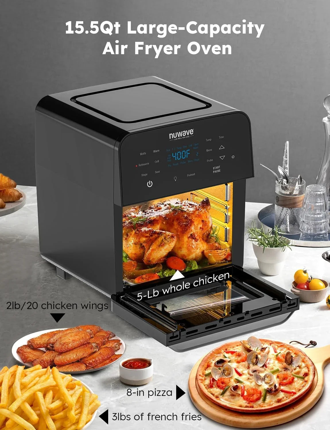Thermometer Powerful Fryer Kit, Basket Controls, HOZO Family SS Smart &-Skewer dimension, Air 1800W, X-Large Integrated Temp Brio 50F-425F Rotisserie 15.5Qt Oven,