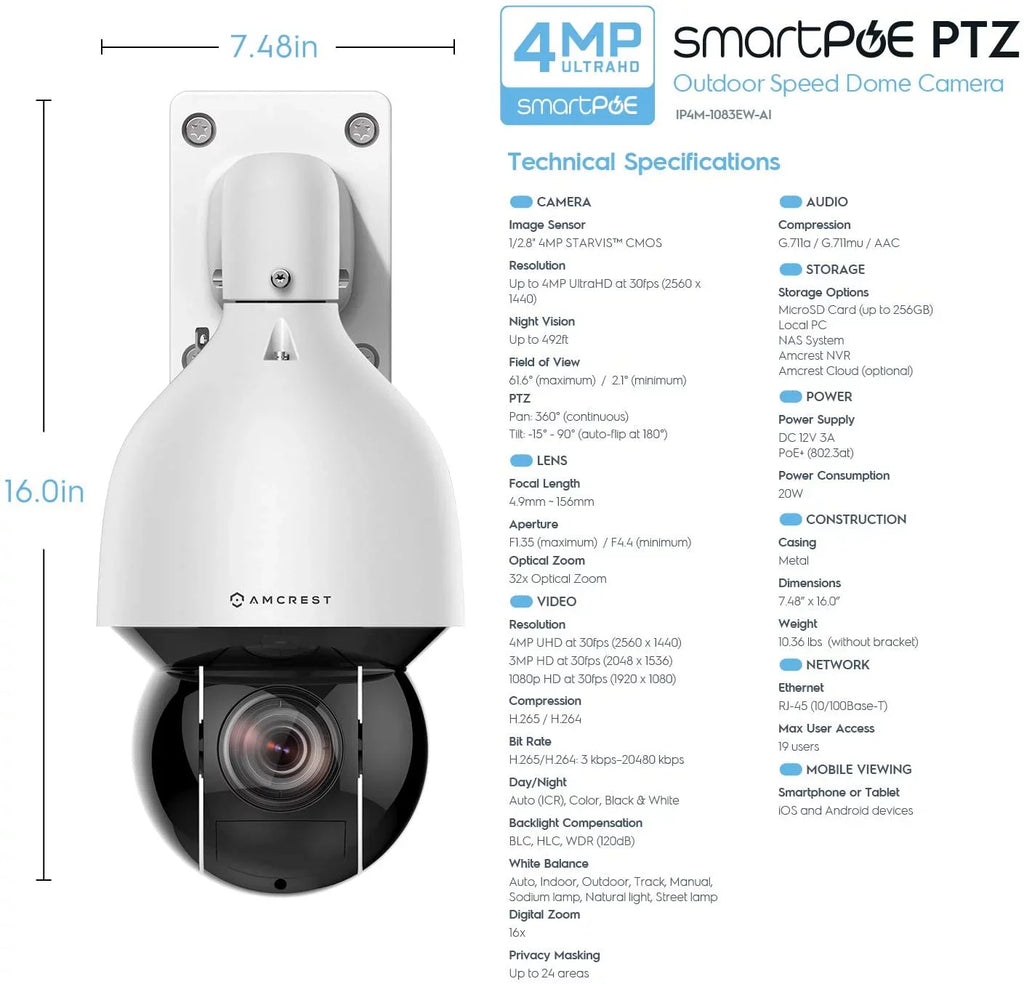 AI, Security Camera Tilt 492ft Dome, and People Detection (Optical Amcrest 4MP exterior POE IP Zoom POE+ PTZ Vehicle IP4M-1083EW-AI 32x (802.3at) + Night Camera UltraHD Motorized) Speed Vision POE+ Pan
