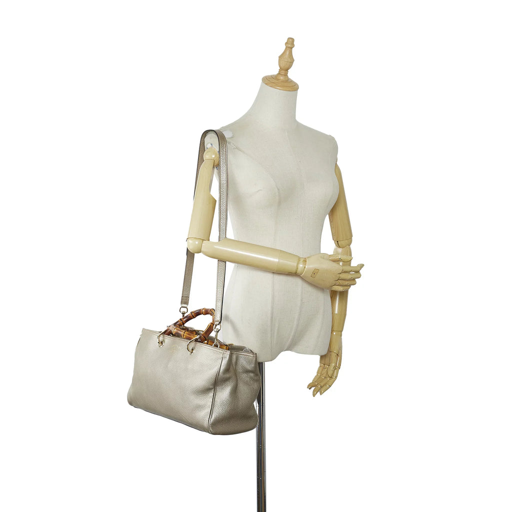 Authenticated Leather Shopper Brown Unisex Calf Bamboo Satchel Pre-Owned Medium (Good)