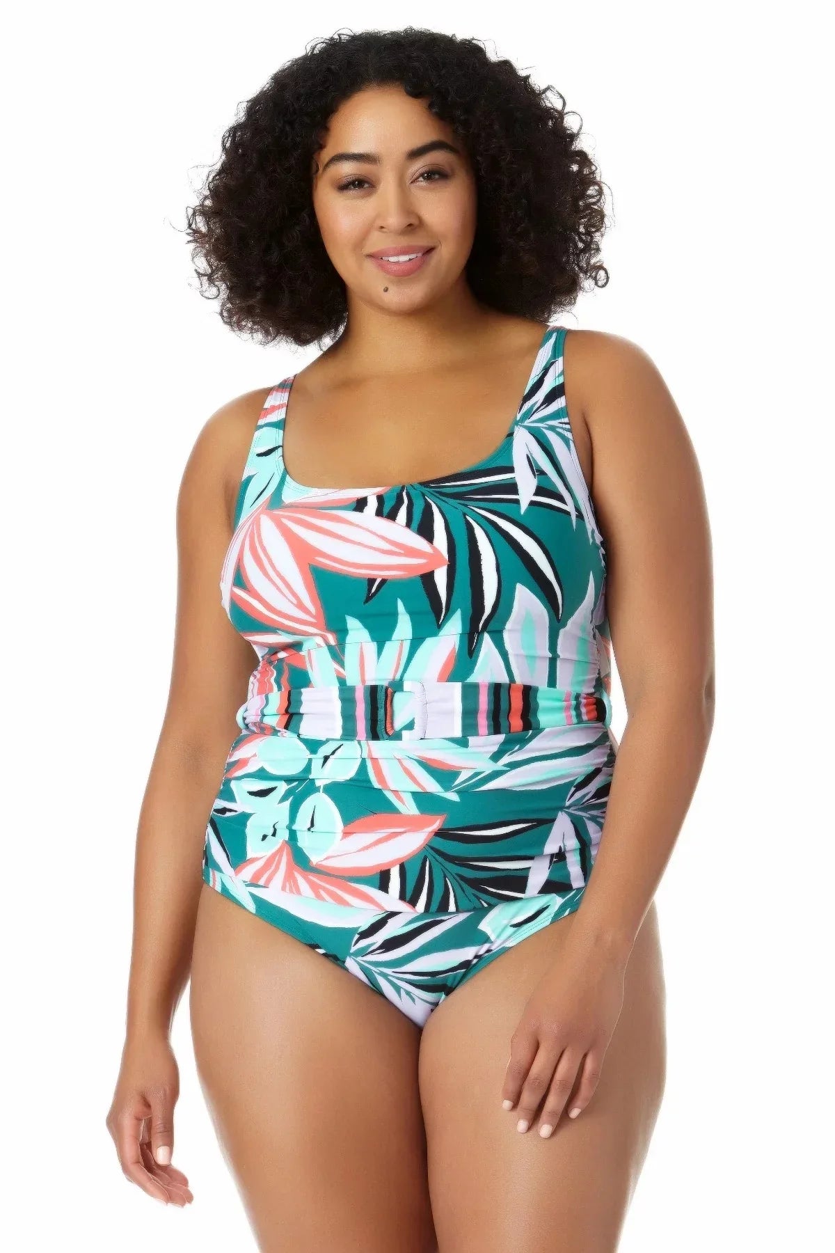 Cole Swimsuit Multi Neck Women's Belted 16W Anne Tropical Zesty Scoop One Piece dimension