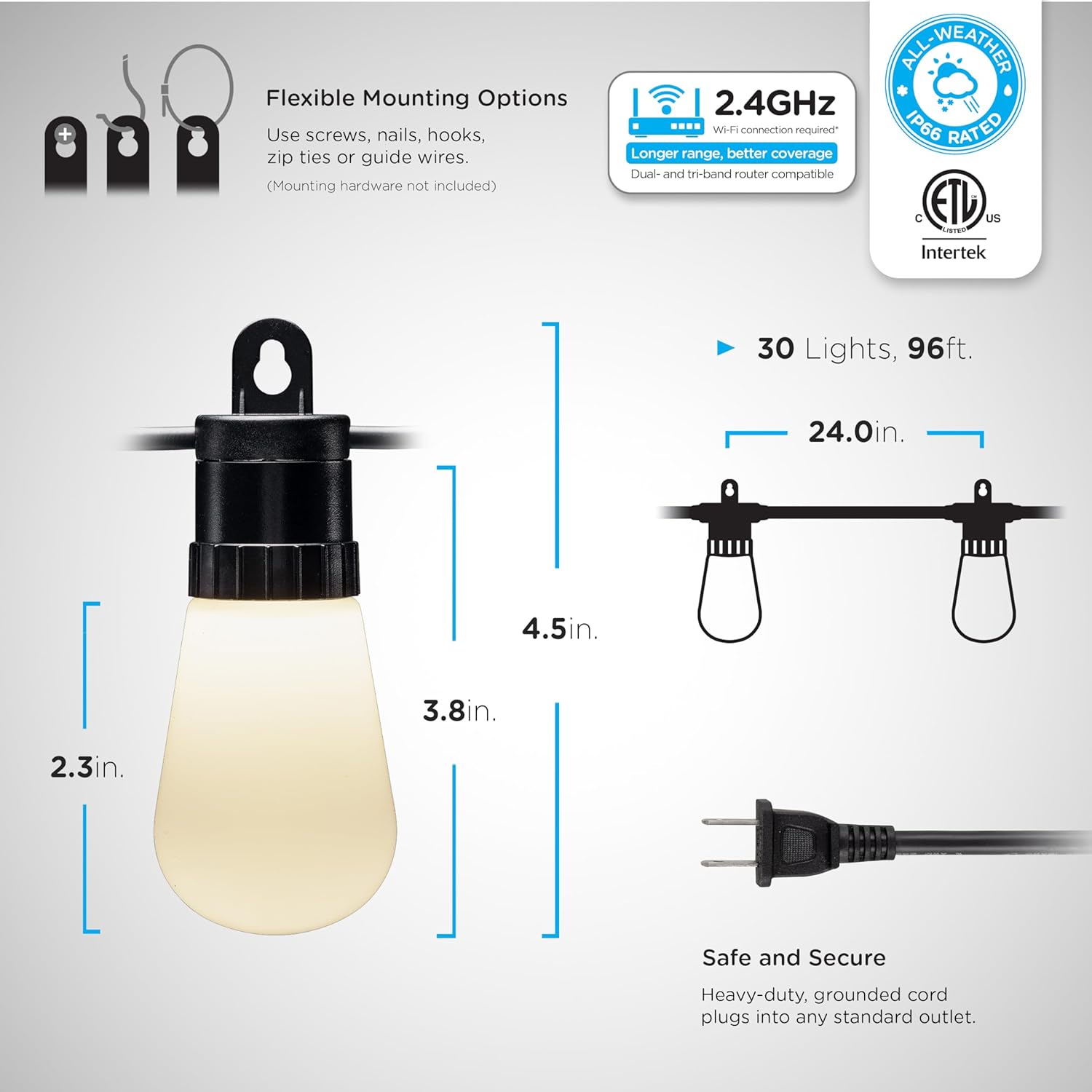 Lights, Color Control, Lightweight String String Customizable, Lights, Changing YANRUI Smart RGB Weatherproof, exterior Wi-Fi ft, Patio Dimmable 96 LED App 30 Lights, 79617