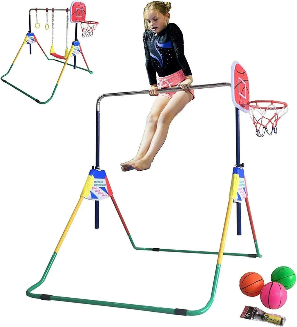 Gymnastics Bar with Gym 4-in-1 Set Rings, Training Swing, - Hoop Folding Junior for Basketball Bar Home Height-Adjustable