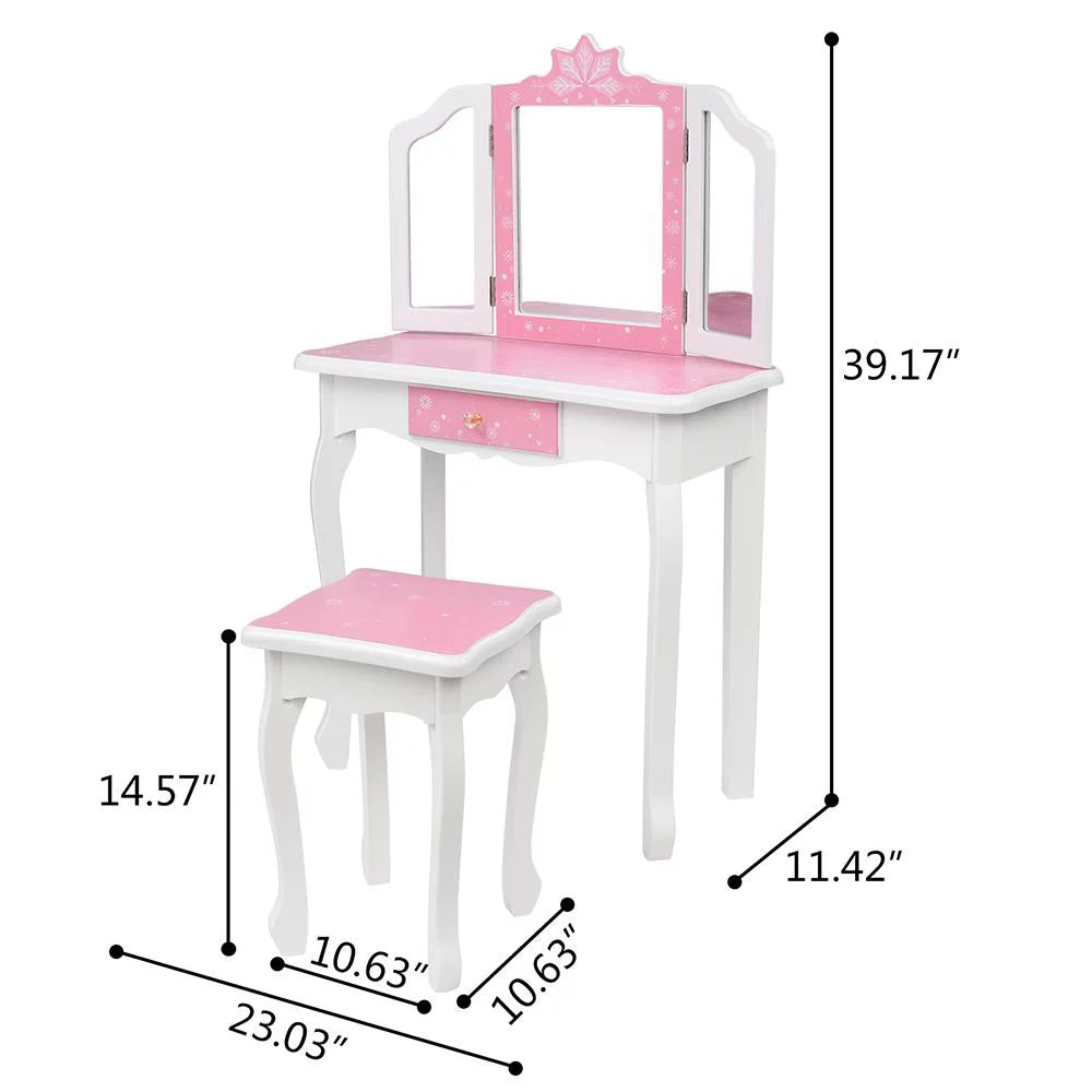 w/ design Wooden Desk Kids Mirror,Stool,Drawer Pink Makeup Vanity Snow SalonMore