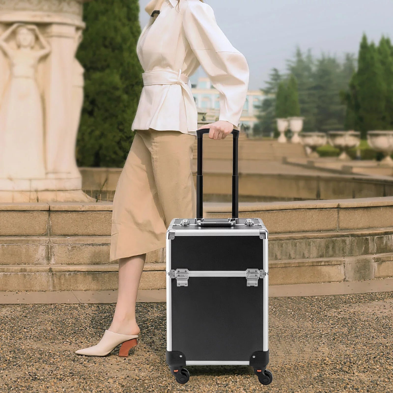 with Rolling Luggage Nail Travel Box Trunk (Black) Train Hairdresser Salon Wheels Lockable Beauty Organizer Case Tool Trolley, Cart Case Stylist Makeup Swivel Cosmetic Barber