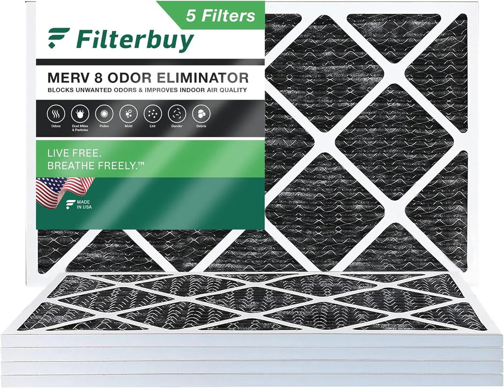 Filterbuy 8 HVAC Furnace (5-Pack) AC Carbon Eliminator Air Odor Pleated Activated MERV 20x30x1 Filters with