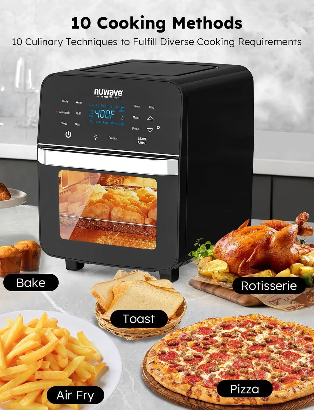 Thermometer Powerful Fryer Kit, Basket Controls, HOZO Family SS Smart &-Skewer dimension, Air 1800W, X-Large Integrated Temp Brio 50F-425F Rotisserie 15.5Qt Oven,