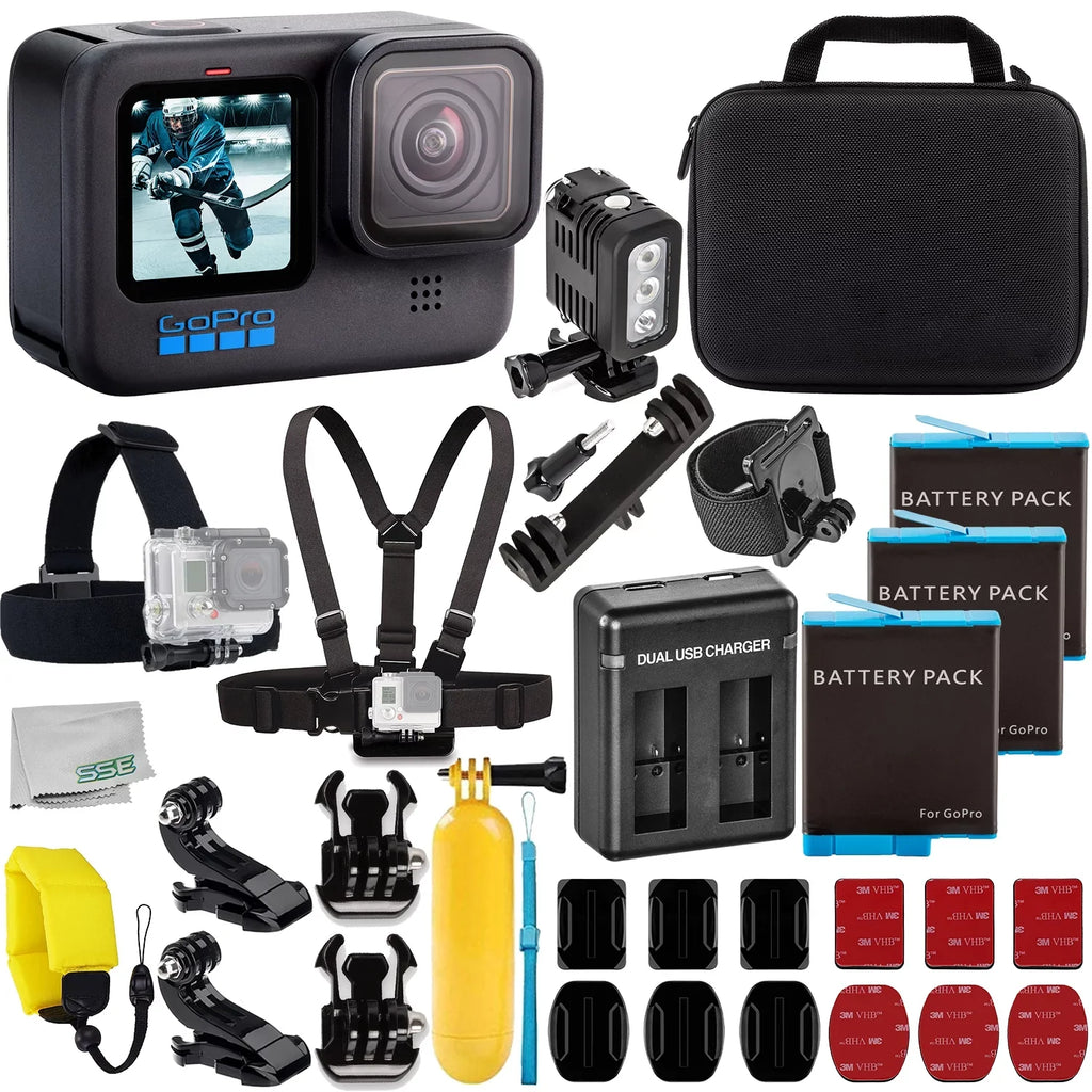 Batteries, More Light Much Accessory with 3x Dual Black with Resistant liquid Camera Bundle: Charger, Underwater USB GoPro 10) Deluxe LED Action & Bracket, Case, Replacement (Hero HERO10