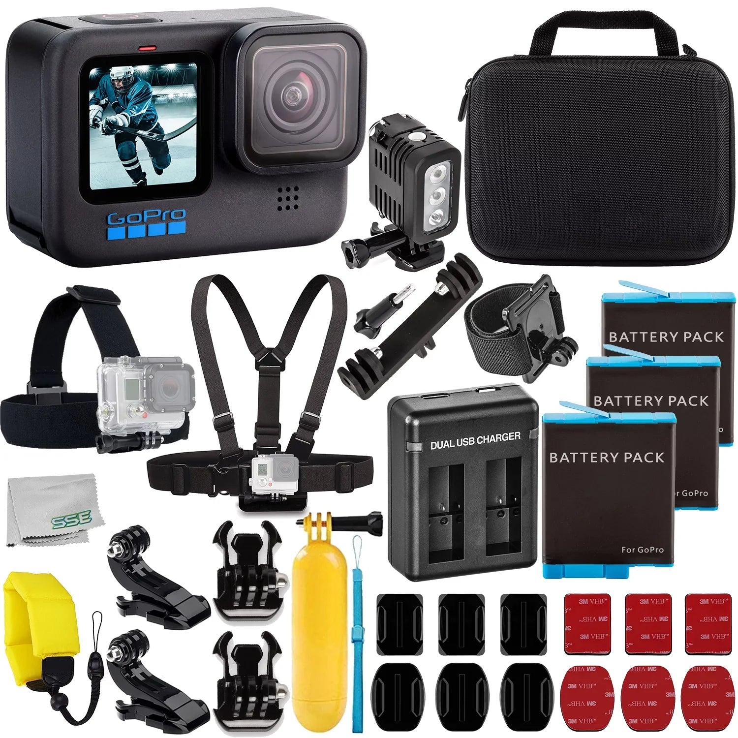 Batteries, More Light Much Accessory with 3x Dual Black with Resistant liquid Camera Bundle: Charger, Underwater USB GoPro 10) Deluxe LED Action & Bracket, Case, Replacement (Hero HERO10