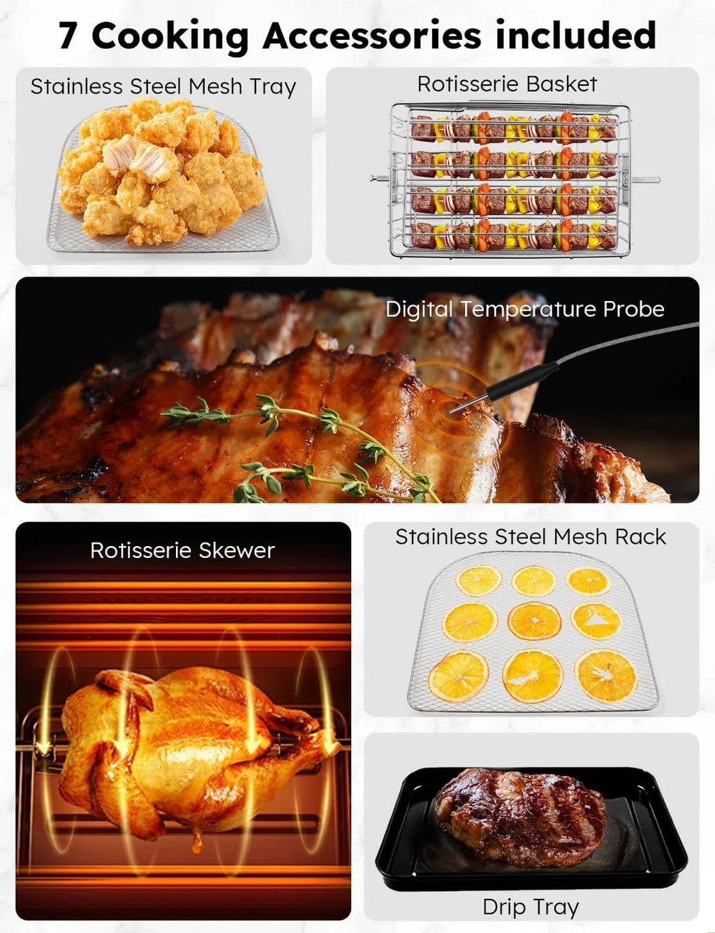 Thermometer Powerful Fryer Kit, Basket Controls, HOZO Family SS Smart &-Skewer dimension, Air 1800W, X-Large Integrated Temp Brio 50F-425F Rotisserie 15.5Qt Oven,