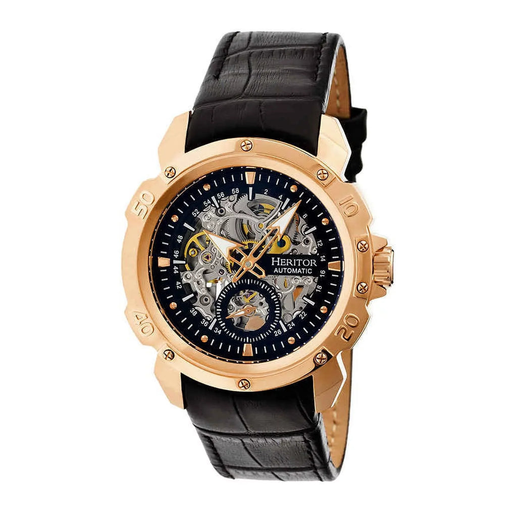 Leather Black Men's Case Black Stainless Watch Gold-tone Dial Skeleton Rose Steel Carter Heritor HR2506