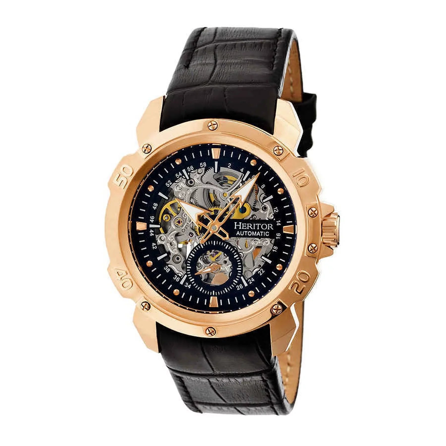 Leather Black Men's Case Black Stainless Watch Gold-tone Dial Skeleton Rose Steel Carter Heritor HR2506