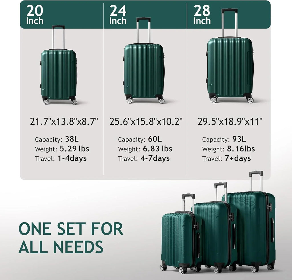 Hardside & Dark TSA lock, Lightweight Wheels ABS of 3 for Set Travel Spinner with (20/24/28) Carry Portable - on Sets Luggage Suitcase Green Business Luggages
