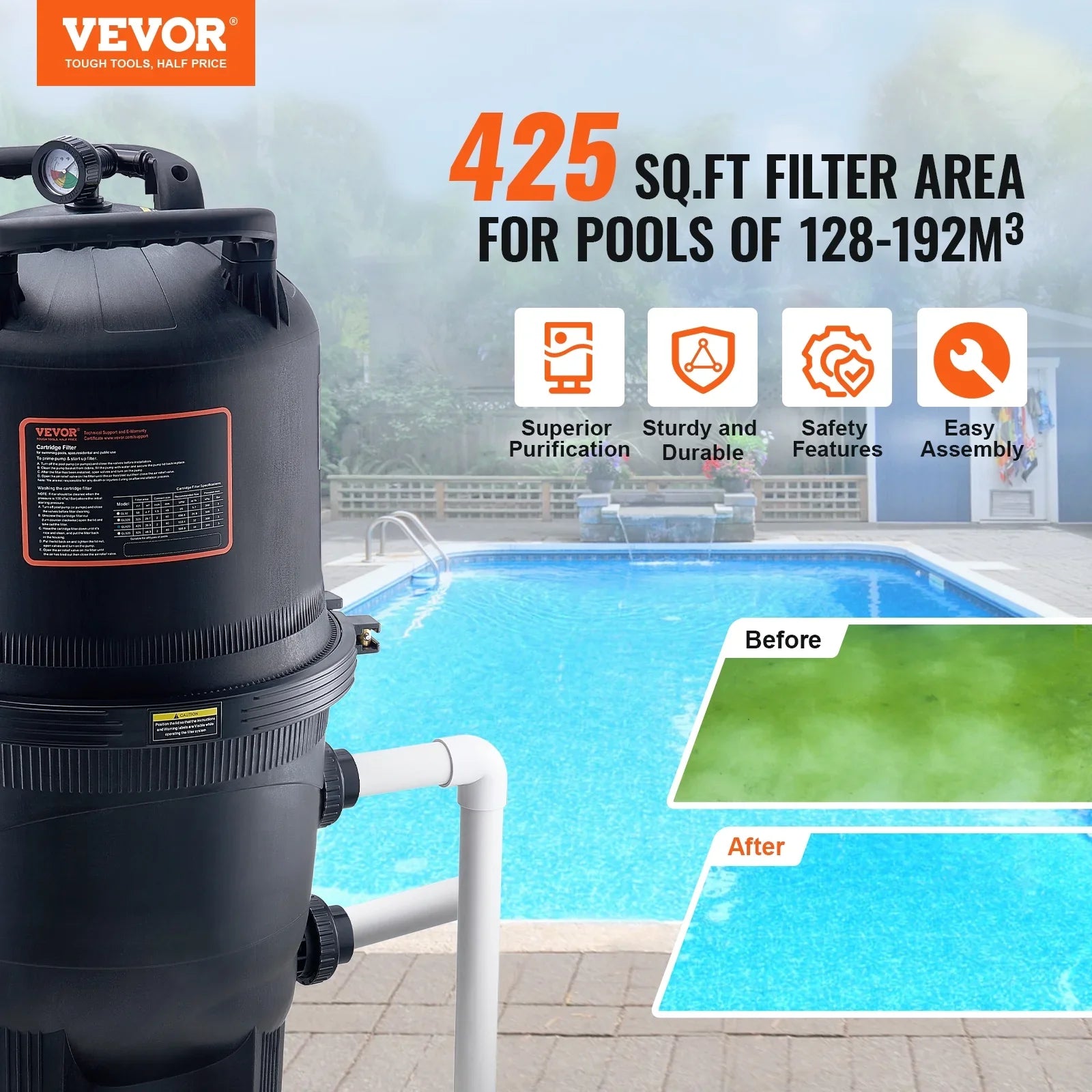 Filtration In/Above Pool Swimming Filter 425Sq.Ft SKYSHALO Pool Cartridge Ground