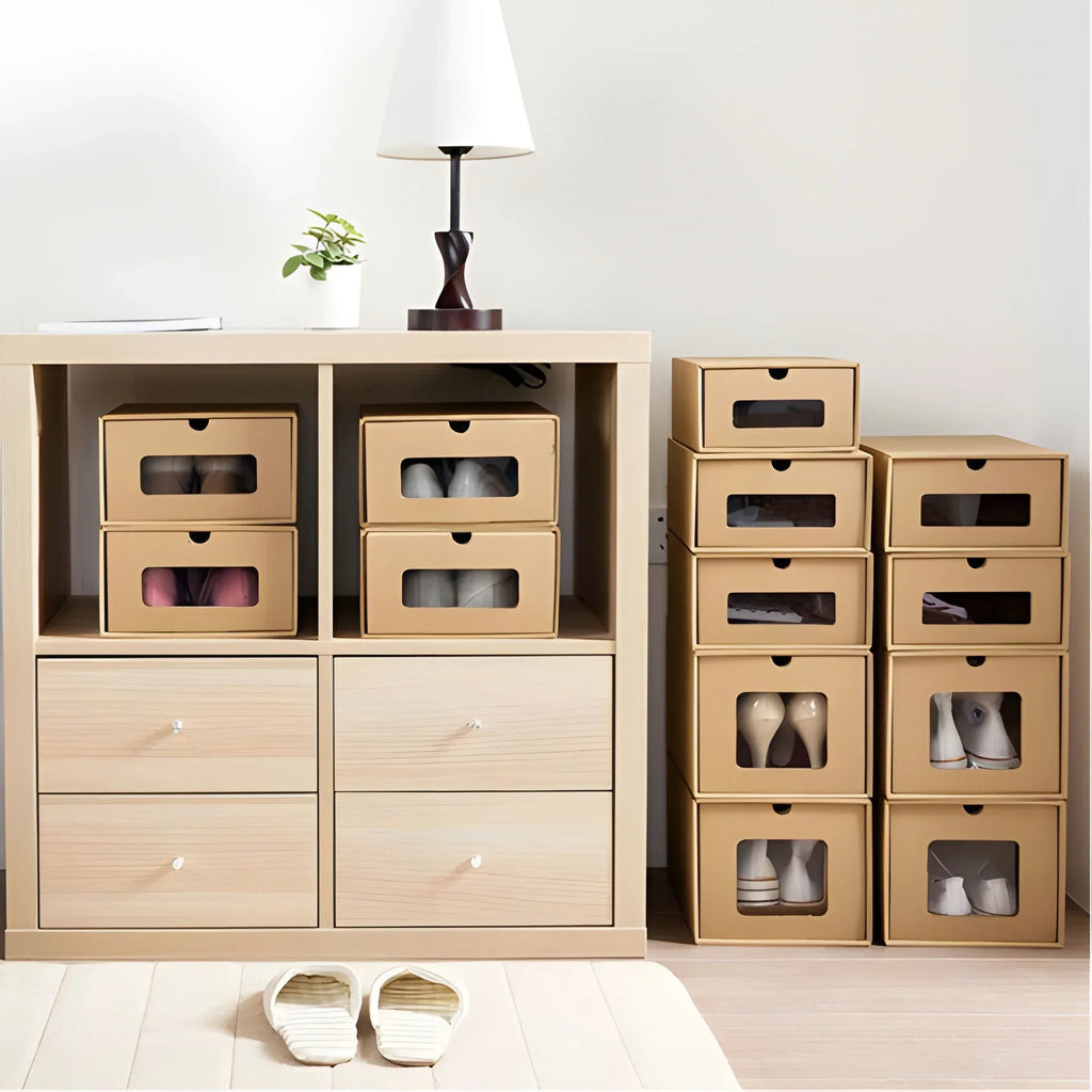 Shoe tonchean Boxes - Boxes Organizer Storage Transparent Cardboard Drawer Pack Lids Kraft 10 and Shoes with Window-Gift Stackable