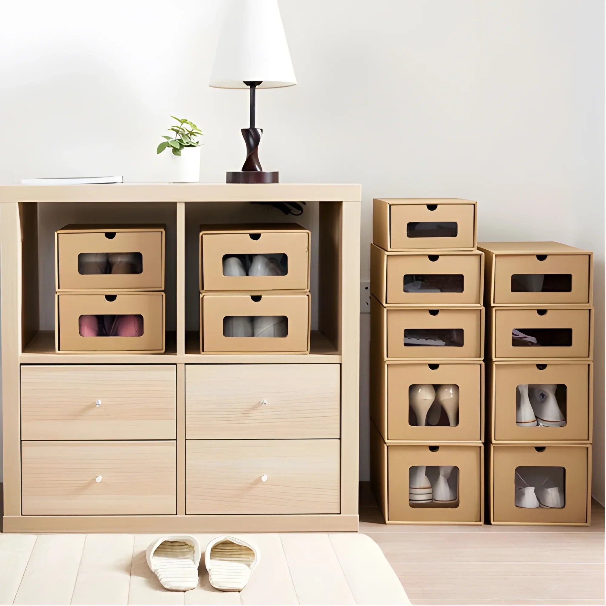 Shoe tonchean Boxes - Boxes Organizer Storage Transparent Cardboard Drawer Pack Lids Kraft 10 and Shoes with Window-Gift Stackable