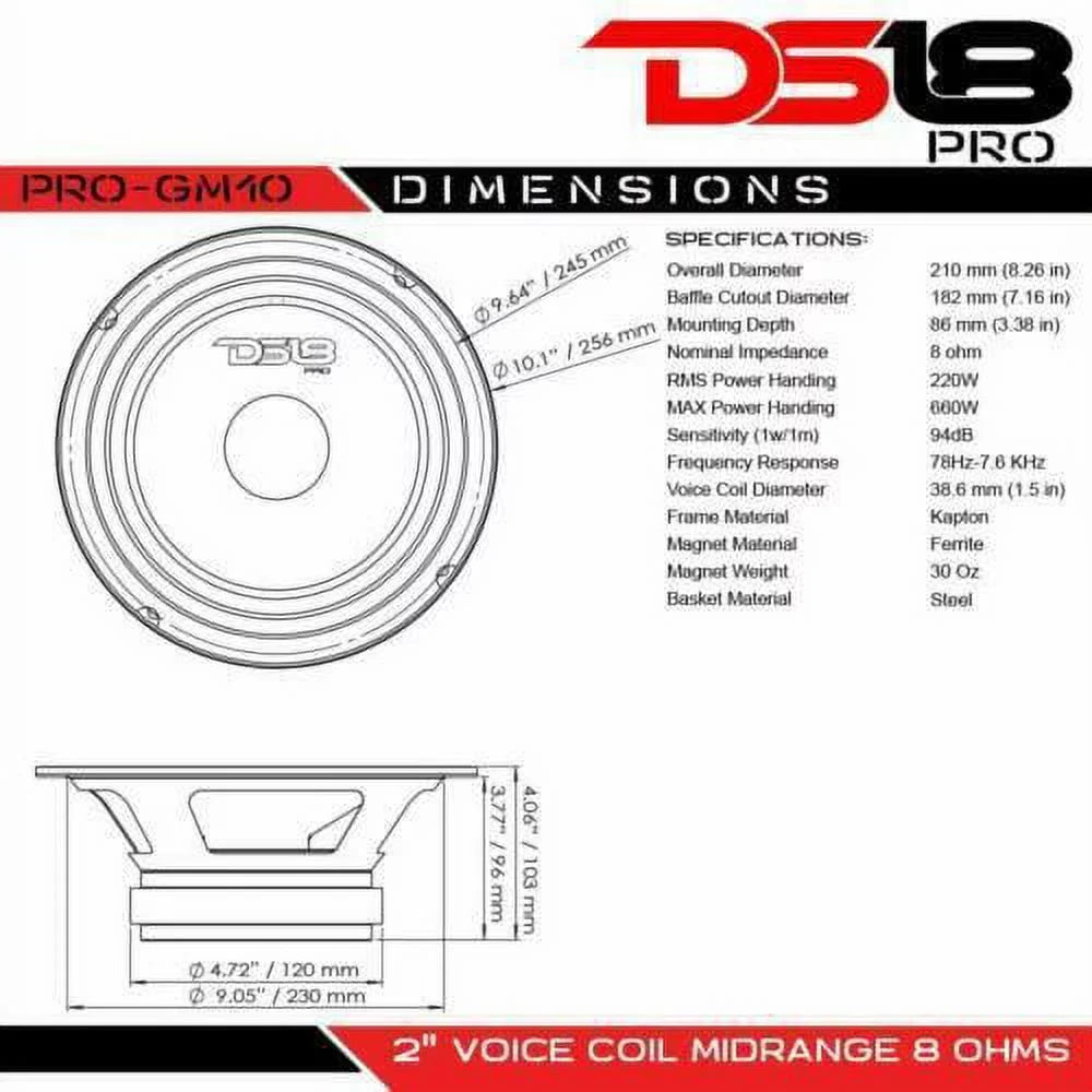 Inch watt DS18 10 and 8 Pro Truck Door Loudspeaker Mid Range 660 Car GM Max Ohm