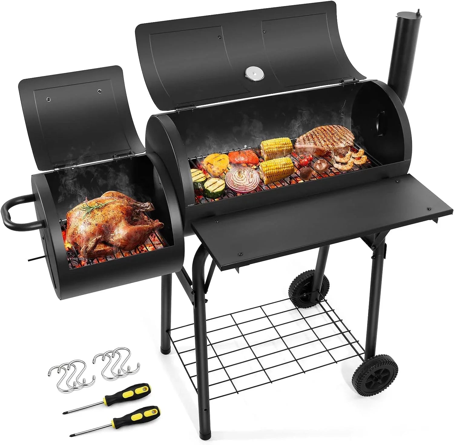 Camping & Party Grill Backyard Cooking Grill Patio Picnic, Hooks Barrel Screwdrivers Barbecue 420.SQ.IN 2 Grill, Large for exterior Smoker, Offset 6 - Area, Black with Garden BBQ Charcoal