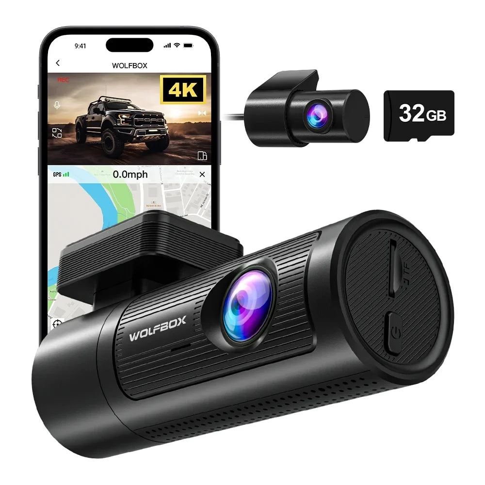 DashCam 1080P Recording WiFi, with Front 32G Front Loop WDR, Rear with Car Rear, and Dashcam Night Free Dash Cam GPS & 4K Vision, and WOLFBOX UHD Card,