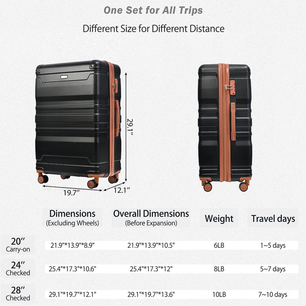 Yone Lightweight je with Wheels ABS 3 Spinner Luggage Lock, Suit Set, case Suitcase Hardside jx Inch,Black Pcs TSA 20/24/28