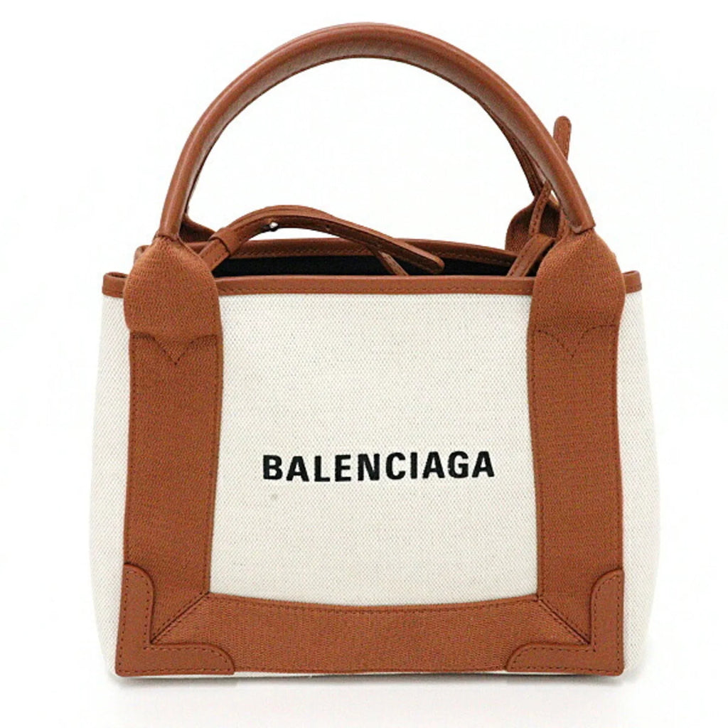 (Good) Beige Balenciaga Tote Calfskin A Navy NAVY Bag 390346 Pre-Owned Light Cabas Brown XS 2way Cotton & Canvas