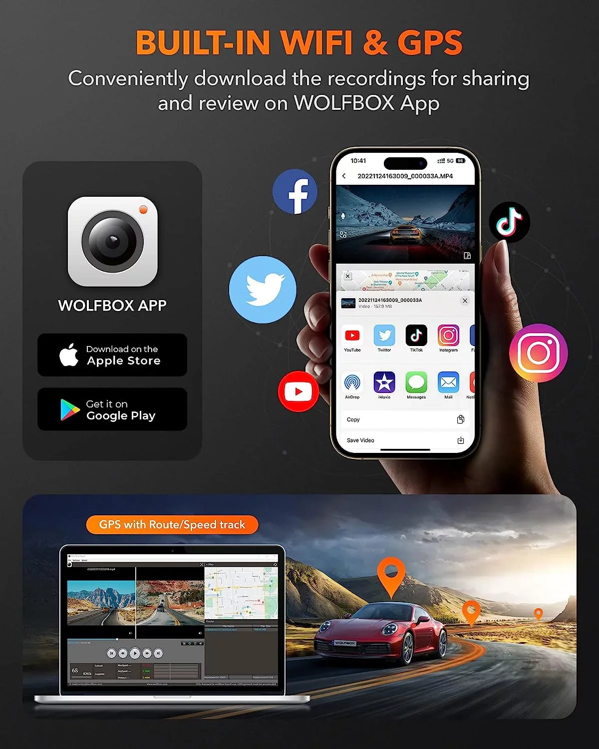 DashCam 1080P Recording WiFi, with Front 32G Front Loop WDR, Rear with Car Rear, and Dashcam Night Free Dash Cam GPS & 4K Vision, and WOLFBOX UHD Card,