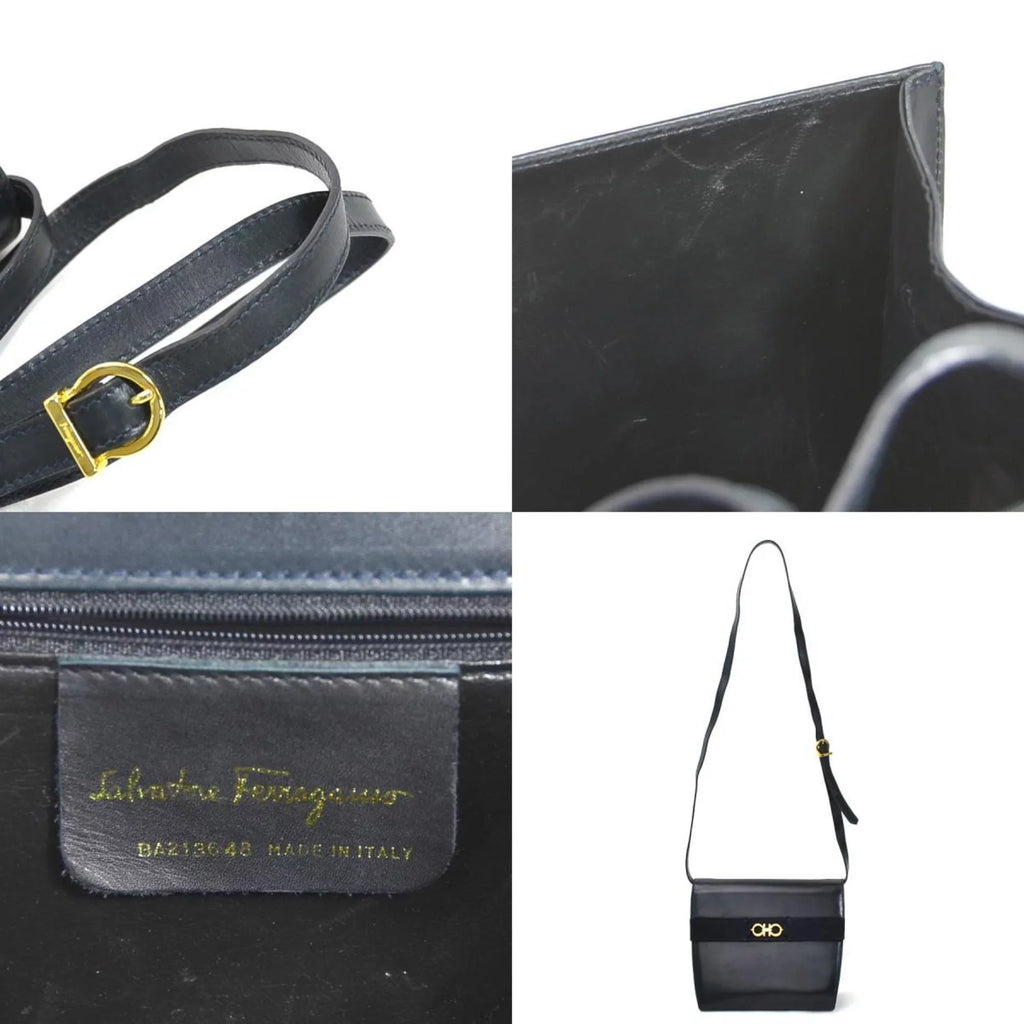 Pre-Owned Shoulder Ferragamo Bag Salvatore Navy Gold Gancini Ladies Leather (Good)