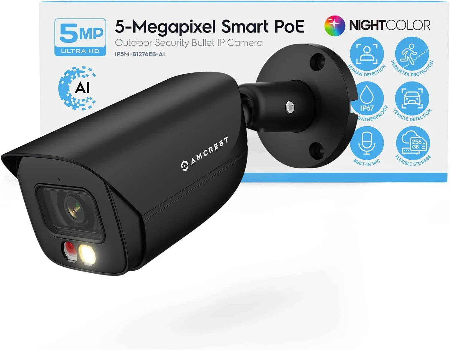 Vehicle Detection, FOV, 129° IP Amcrest w/ Microphone, Built-in Bullet 49ft Camera Camera Vision, IP 5MP@20fps PoE AI Color IP5M-B1276EB-AI Night exterior, & Human Security (Black)