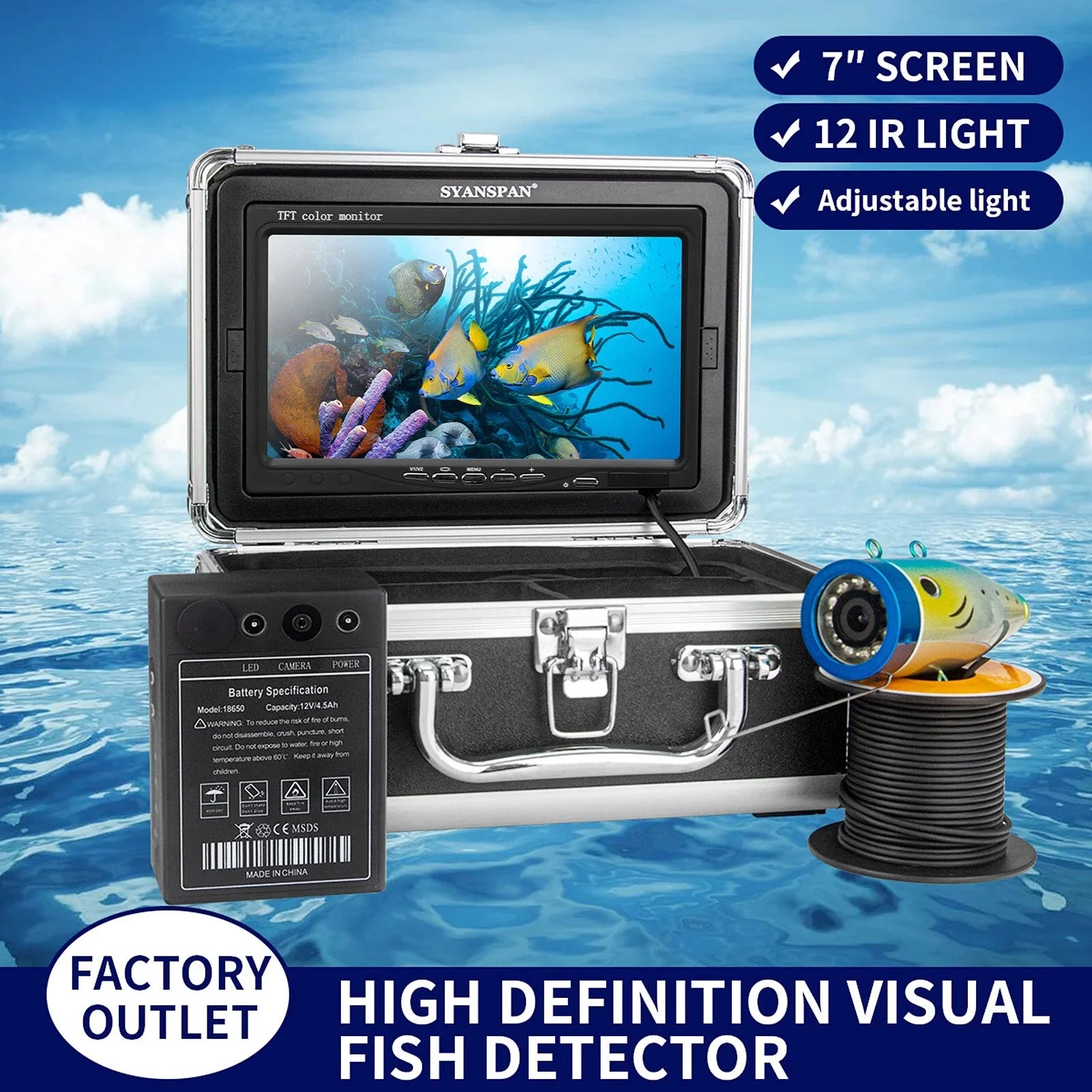 Infrared Camera Lamps Fish 1200TVL Finder Underwater Fishing Sea Inch LED 7 Ice Fishing 12 for 15M