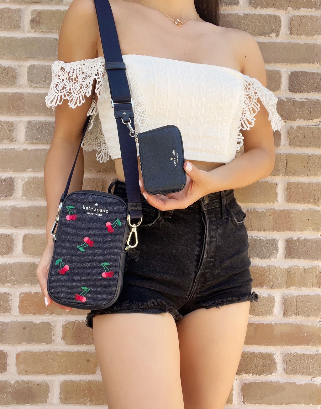 Cherries + Spade Coin Denim Crossbody Embroidered Rosie Phone Zip NS Kate Pouch