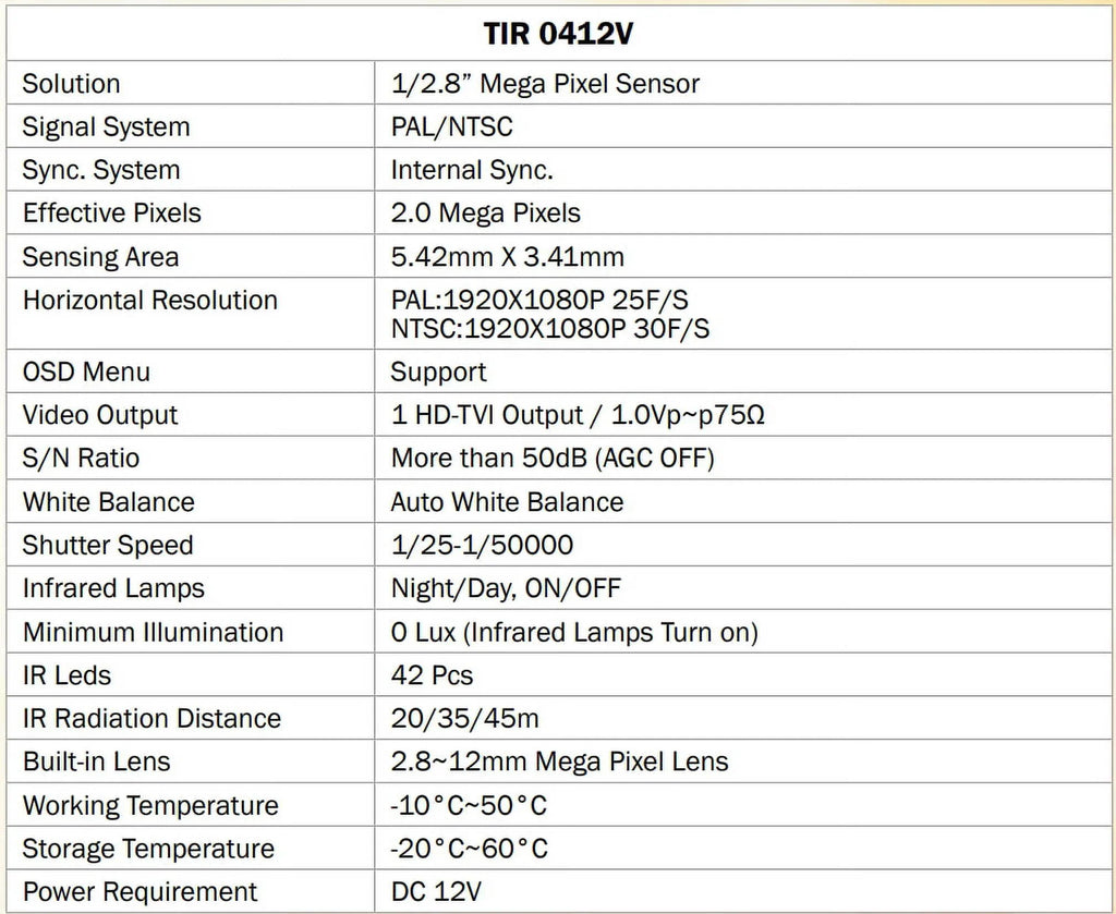 DC LED exterior 42 IR 2.8-12mm, 2MP TIR-0412V-W Eyemax Camera, Bullet HD-TVI 12V