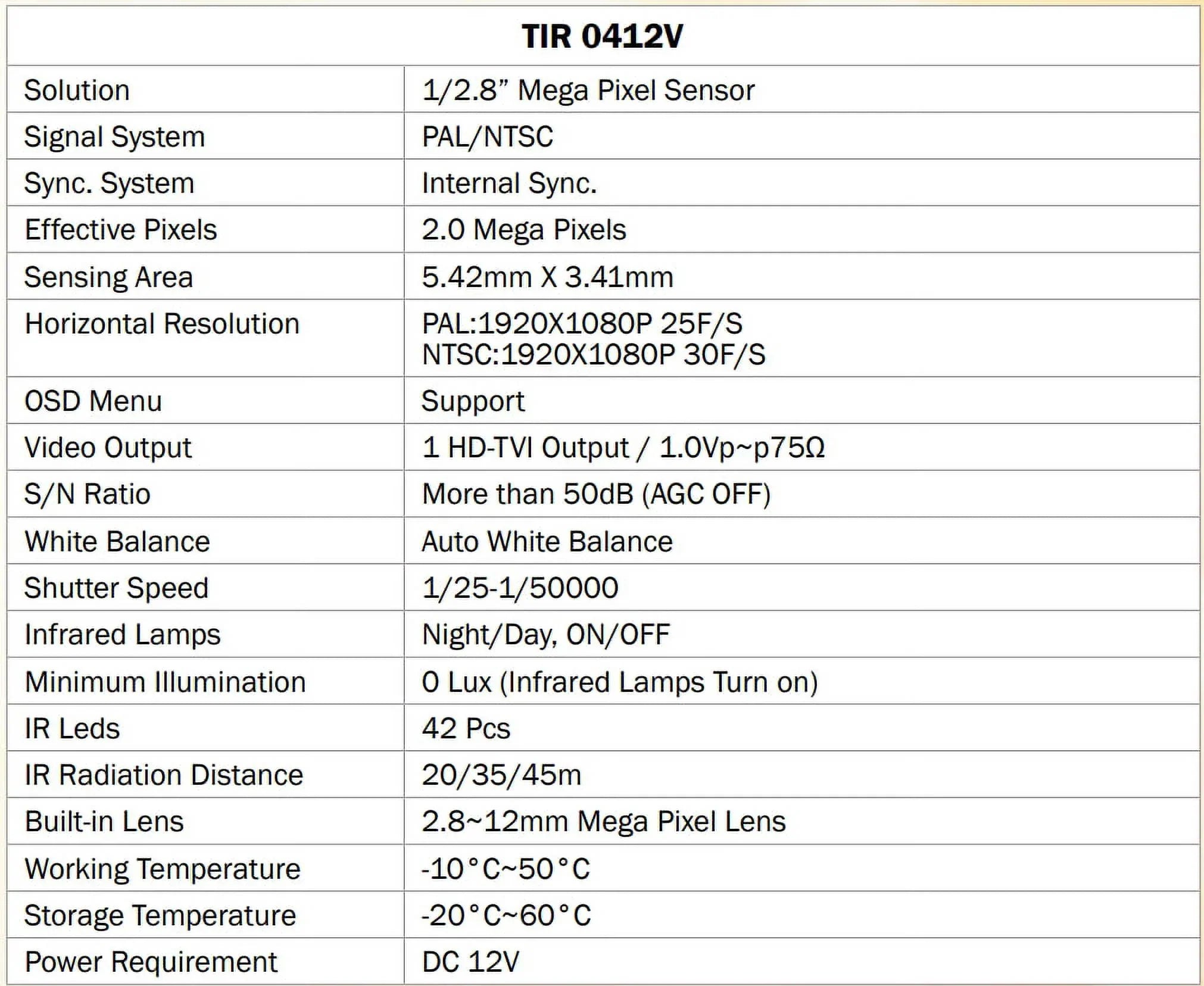 DC LED exterior 42 IR 2.8-12mm, 2MP TIR-0412V-W Eyemax Camera, Bullet HD-TVI 12V