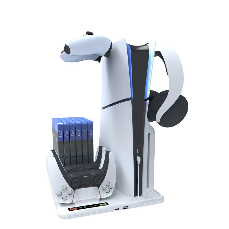Cooling Stand With Slim Controllers Stand Station, Hanger Dock Dual for PS5 3-Level Slot+2 with Powerful Cooling 6 Headphone Fan Disc Charging