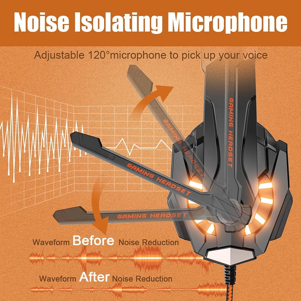 Earmuffs Memory PS4, Headset Bass One Mic, Ear Light, G9000 Over BENGOO for Stereo Soft with Cancelling LED Noise (Orange) Xbox Gaming Headphones PC, Surround, Controller,