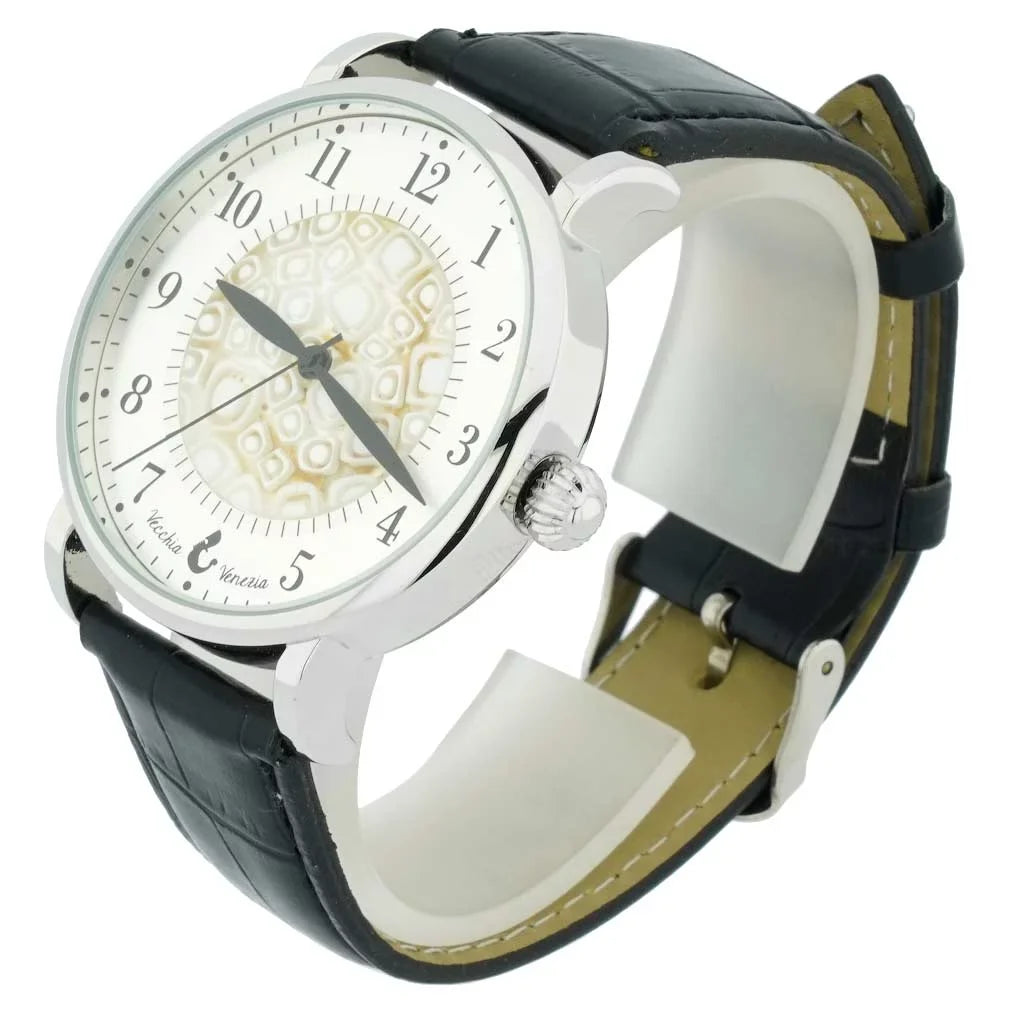 Men's With Black and Watch Murano White Band GlassOfVenice - Leather Millefiori Glass