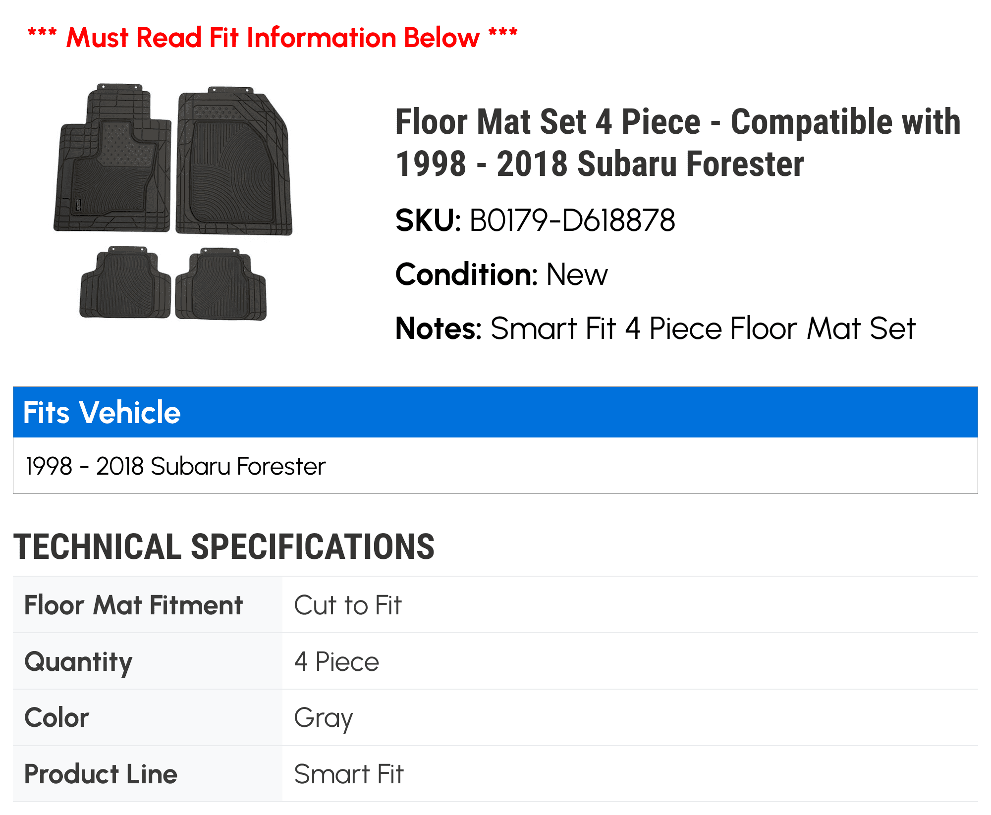 2005 1999 2007 2018 - 2014 2001 Set 2008 Piece 2012 Subaru Floor 2017 2016 2015 with Forester 2010 Compatible 2011 2009 4 Mat 2000 - 2006 2003 2004 1998 2002 2013