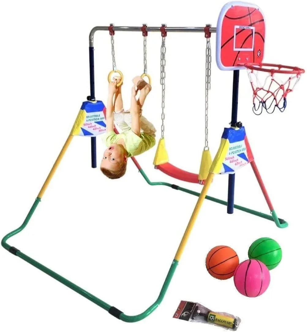 Gymnastics Bar with Gym 4-in-1 Set Rings, Training Swing, - Hoop Folding Junior for Basketball Bar Home Height-Adjustable
