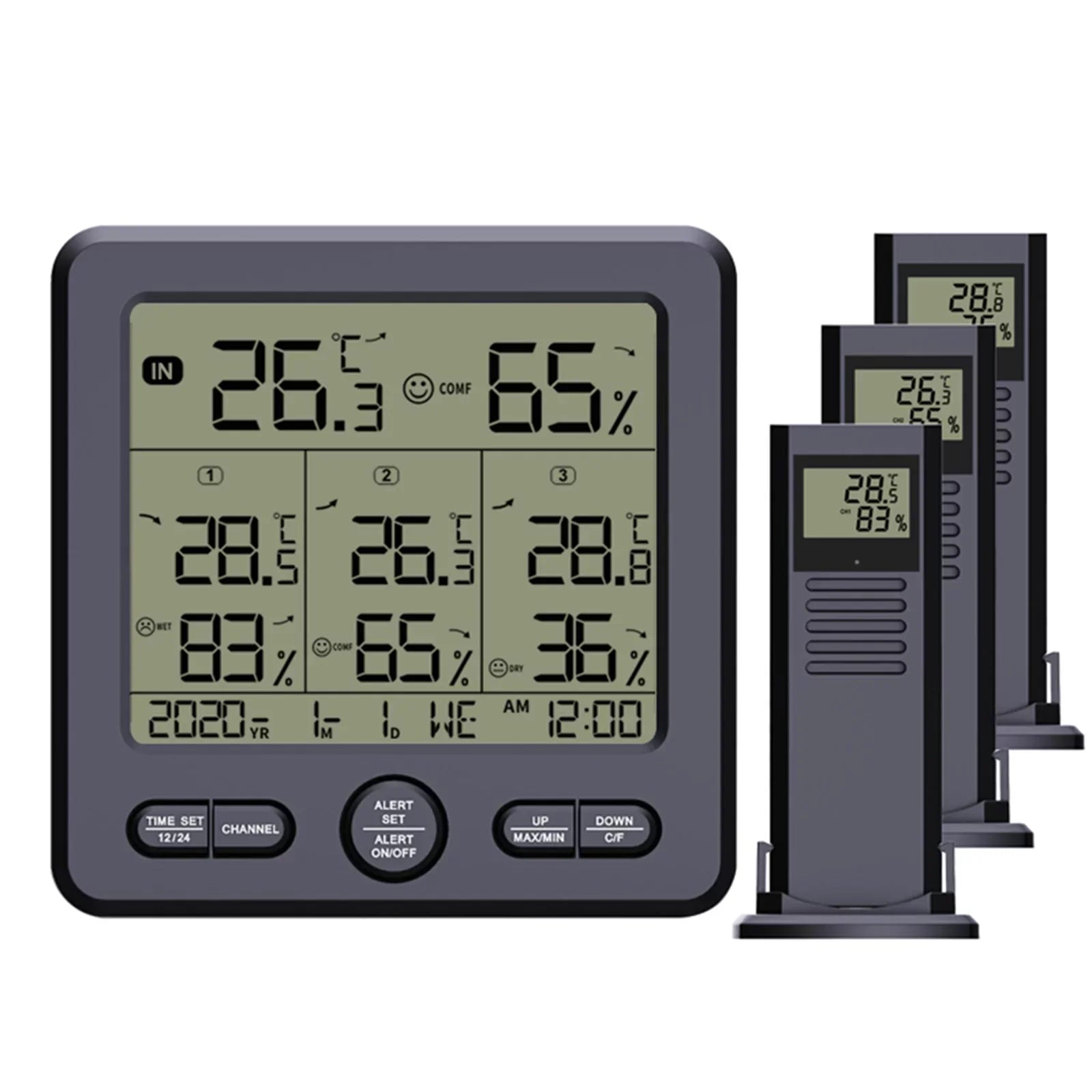 98ft/ Temperature Humidity with Monitor Wireless with & Thermohygrometer Remote exterior Transmitters Alarm Calibration climate Sensors for Indoor Offic Home Backlight Digital Stations 30m 3 3 Function