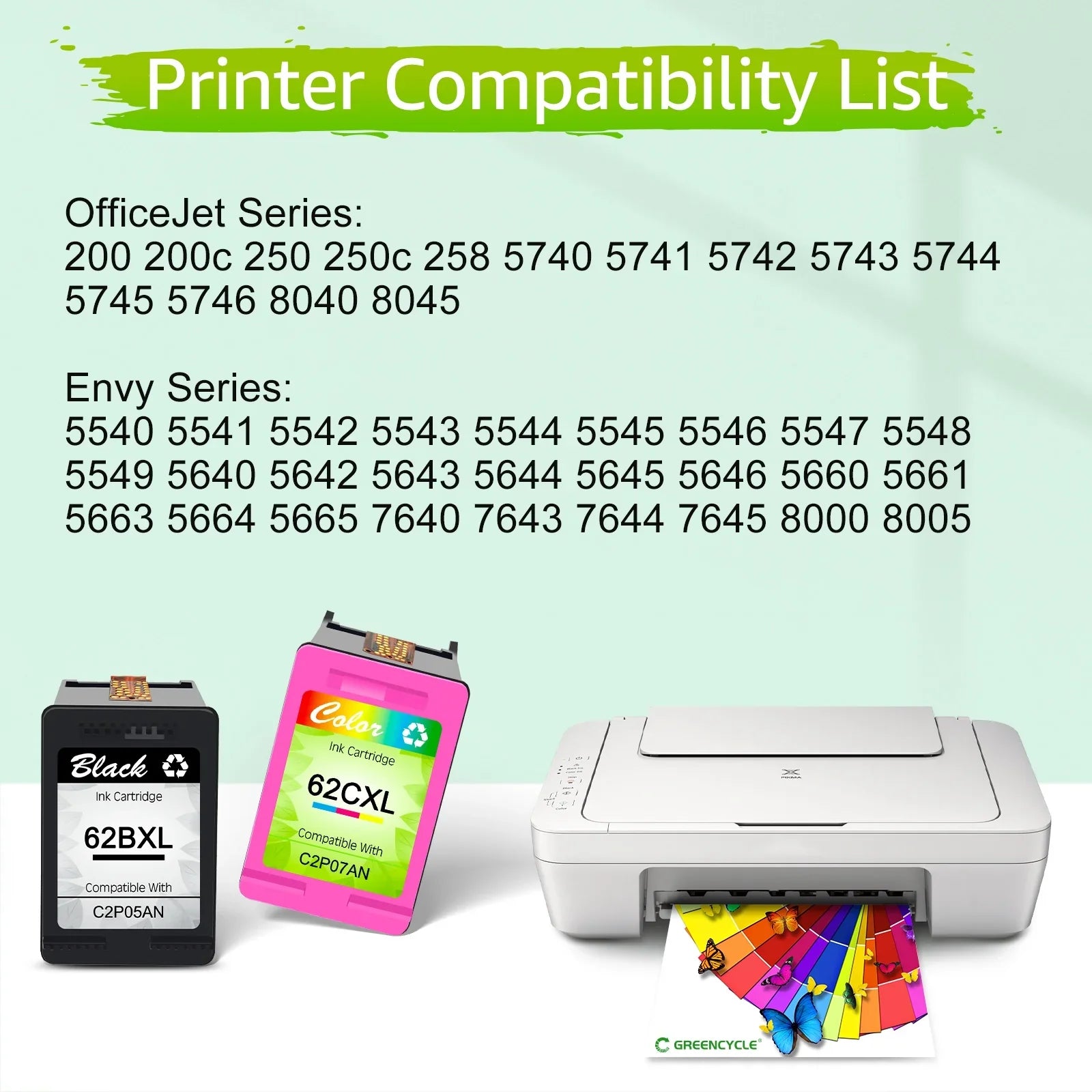 62XL 5740 GREENCYCLE (3 with Cartridges 5640 200 7645 Envy High Tri-Color) for 250 62 7644 Yield XL Compatible HP Replacement OfficeJet 8040 OfficeJet Ink 5660 5540