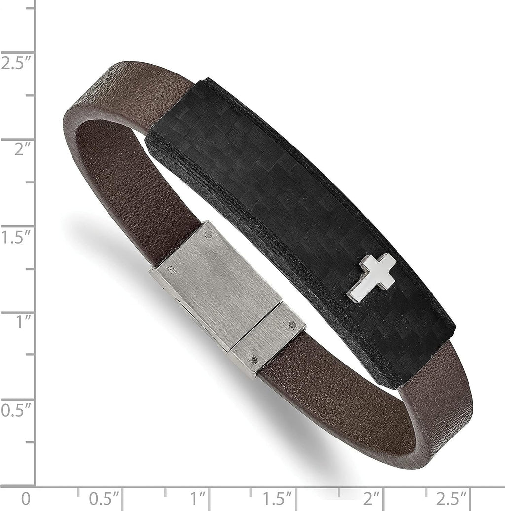 Cross Leather Solid Polished Faux Chisel - Steel 8" Brown Carbon Bracelet Stainless Fiber