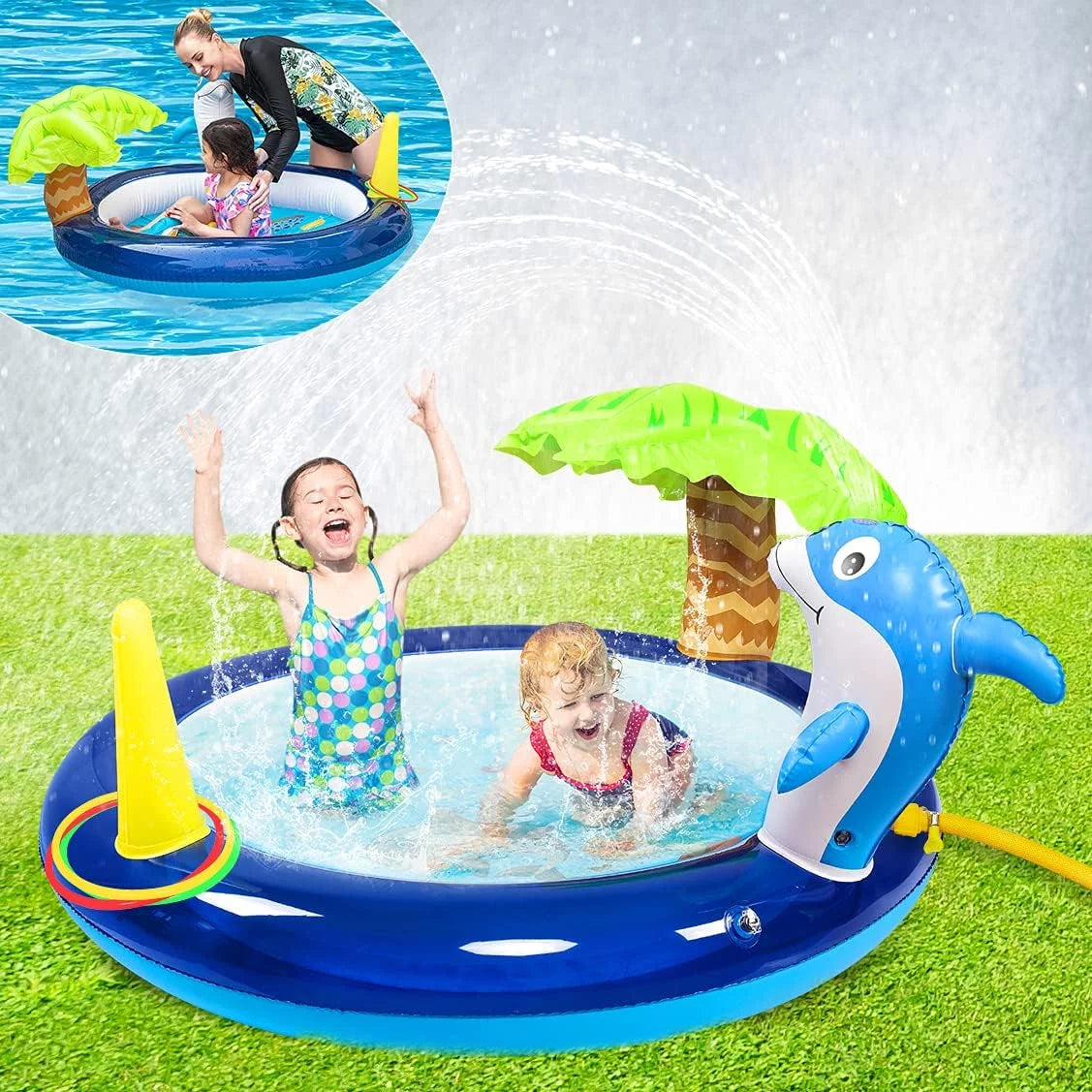 Swimming Kid Pool, Pool Dolphin With Blow Swimming Up Toddler Blue Pool, Sprinklers, exterior Inflatable toys,