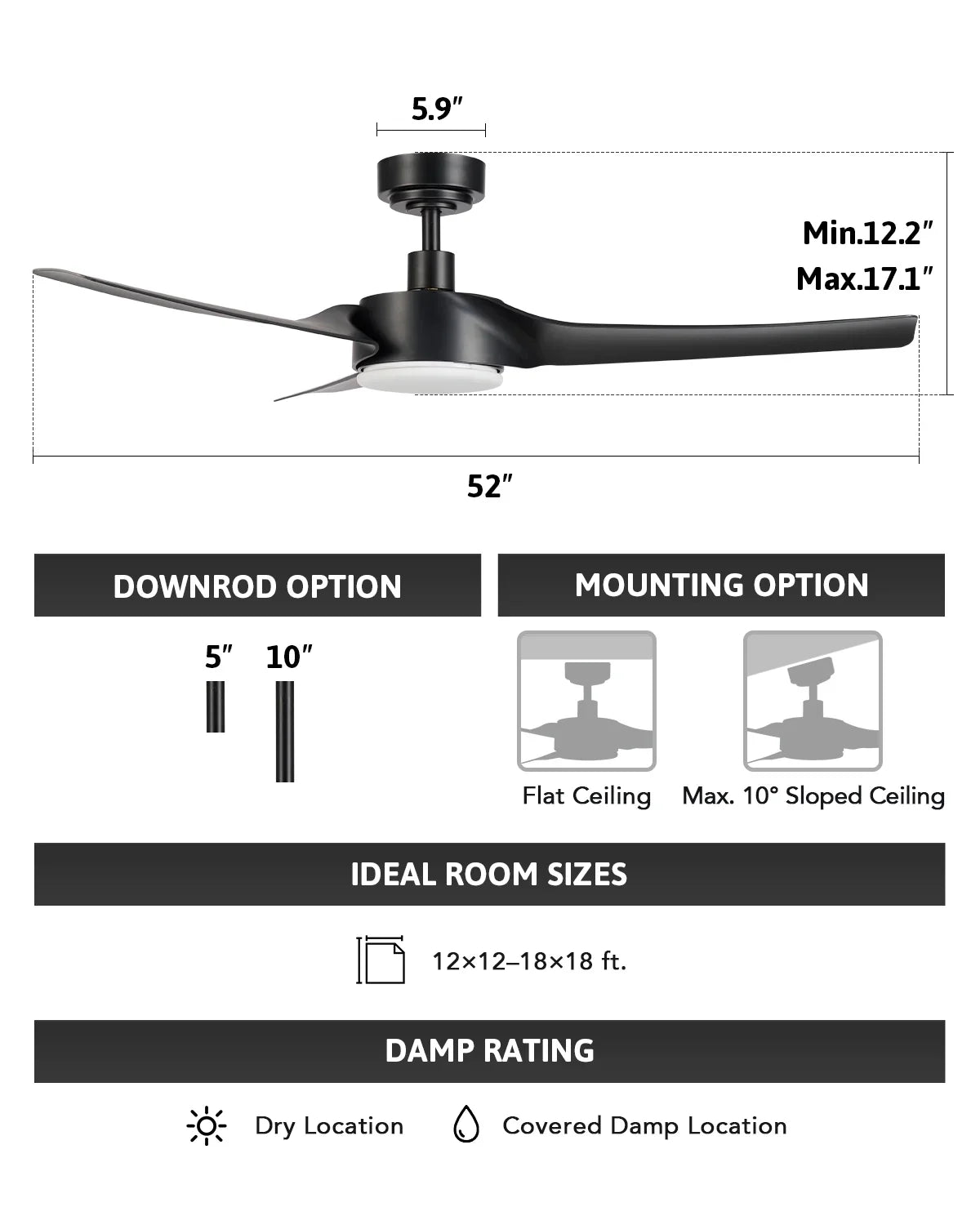 Modern 52" with Kit Bestco Light Remote, & Fan Ceiling Smart Dimmable Black