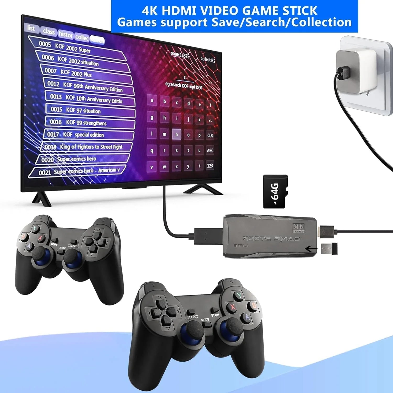 Video Built 4K Retro Play Stick,Wireless Console and HD Game Stick in Retro Plug Wireless Output (64G) 9 Game Game Games, Controllers with 2.4GHz 10000+ Emulators,