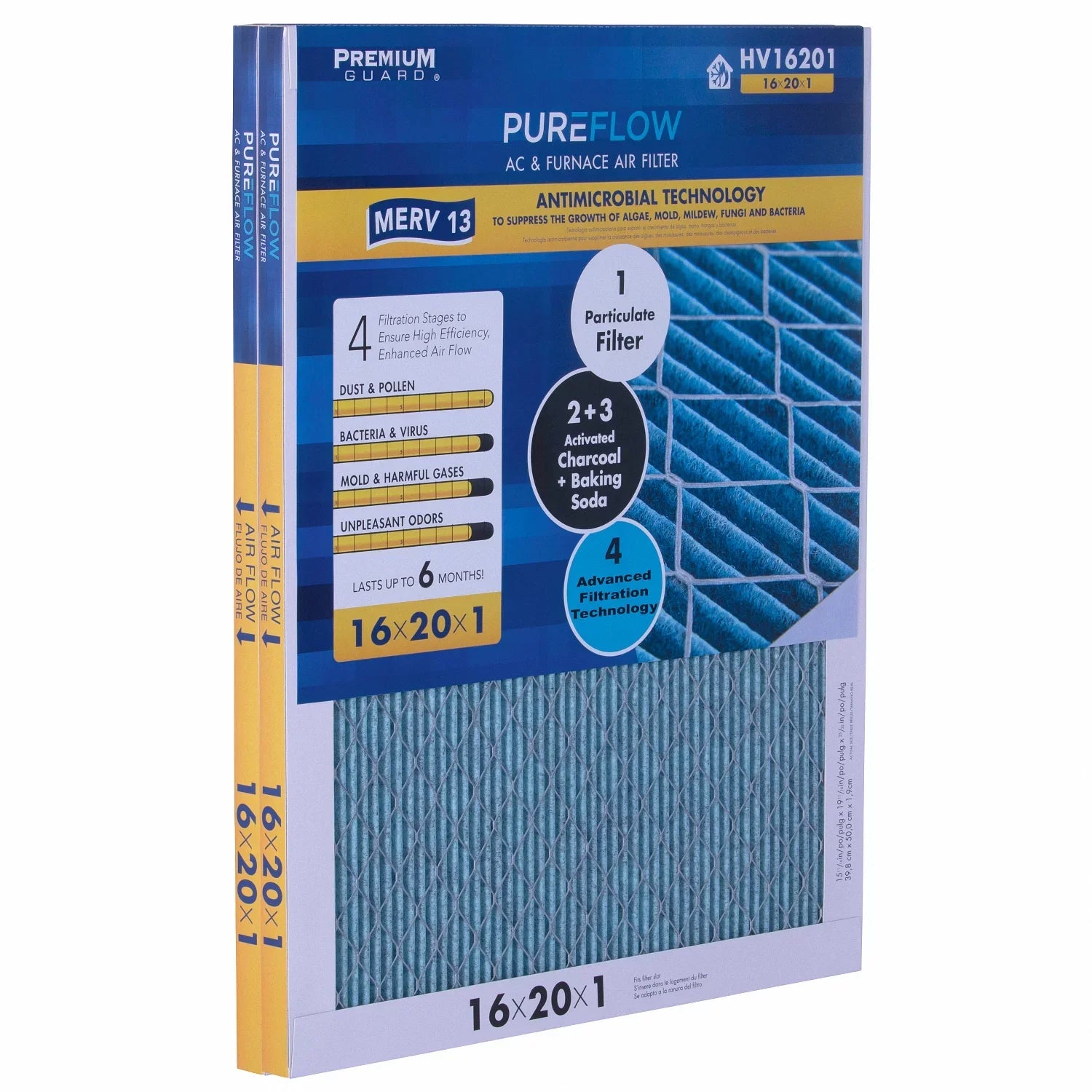 Filtration Technology, of 16x20x1, 4 Filter Air Home Furnace MERV-13 Advanced with Pack-of-2 PureFlow, Layers
