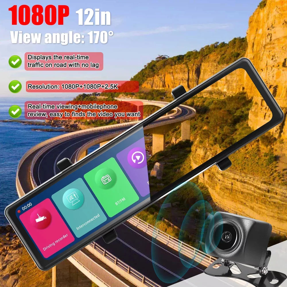 12in Touched Recorder Recording Driving Car Clear Video 2.5K Mirror Rearview Recorder 3 Cam Auto Dash Cameras Car OWSOO Screen Car Carplay
